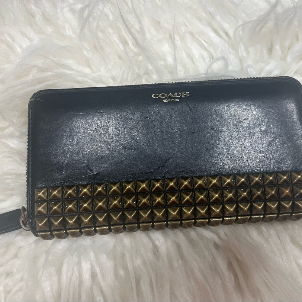 Coach Black Leather Wallet with Gold Stud Accents
